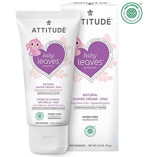 ATTITUDE Natural Zinc Diaper Cream | EWG VERIFIED, Hypoallergenic, Dermatologist Tested and Fragrance-Free Diaper Rash Cream | Blocks Moisture, Prevents Irritation | Baby leaves (2,6 Fluid Ounce)