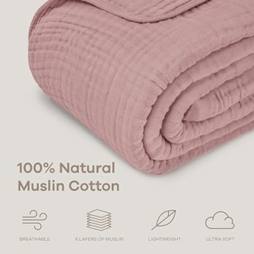 Comfy Cubs Muslin Throw Blanket - 50” x 60” Quilted Design - Lightweight, Breathable 6-Layer Gauze Fabric - Soft Cotton Blanket for Home or Travel - Packaged in Elegant Gift Box - Mauve