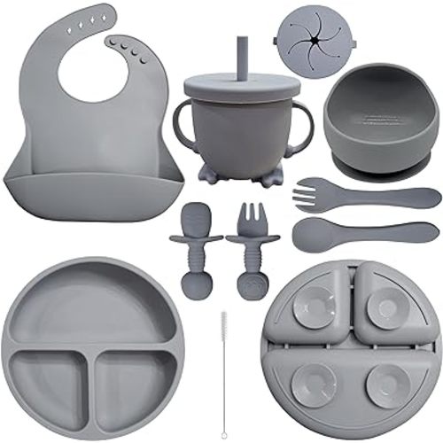 Baby Led Weaning Supplies | 10 Piece Silicone Feeding Set | Baby Toddler Bib Cup Divided Plate and Bowl Self Feeding Spoons Dish Set | Baby Utensils | Toddler Feeding Supplies (Gray)
