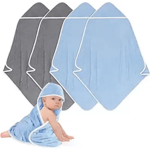 UNIMADE Hooded Towel for Newborn, 4 Pack Soft Coral Fleece Baby Towels, Ultra Absorbent Bath Cloths Bulk for Infants, Toddlers, Newborn Essential- 30 x 30 inch - Grey & Blue