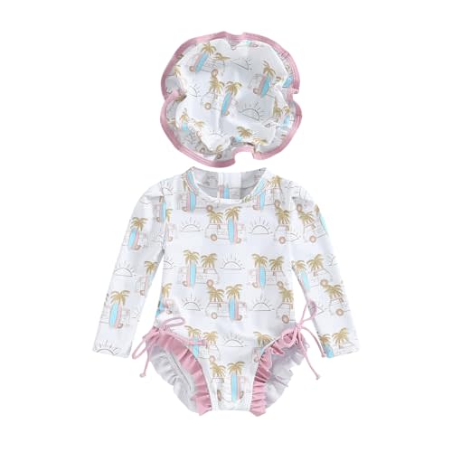 Engofs Toddler Baby Girl One Piece Swimsuit Long Sleeve Rash Guard Swimwear Summer Bathing Suit
