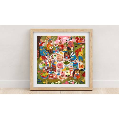 Whimsical Woodland Animal Picnic Fine Art Print, Fairytale Forest Animals Wall Art