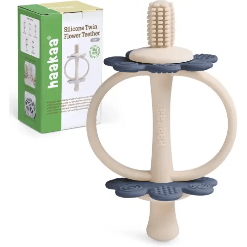 haakaa Silicone Teething Toy,Nipple-Shaped End for Gum Massage,360° Baby Toothbrush Head for Self-Brushing Training,Easy to Grip-Steel Blue