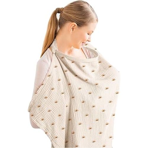 Konssy Muslin Nursing Cover for Baby Breastfeeding, Breathable 100% Cotton Breastfeeding Cover with Rigid Hoop for Mother Nursing Apron, Multi-use Carseat Canopy (Sun)