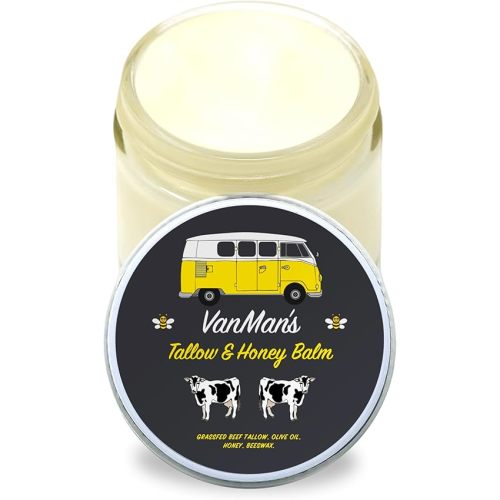 Vanman's Tallow and Honey Balm With No Added Scent - Beef Tallow Face Moisturizer with Grass-Fed/Finished Beef Tallow for Skin, Organic Raw Honey and Beeswax, Cold Pressed Olive Oil - 2 oz