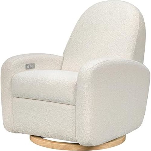 Babyletto Nami Electronic Power Recliner and Swivel Glider with USB Port in Ivory Boucle with Light Wood Base, Greenguard Gold and CertiPUR-US Certified