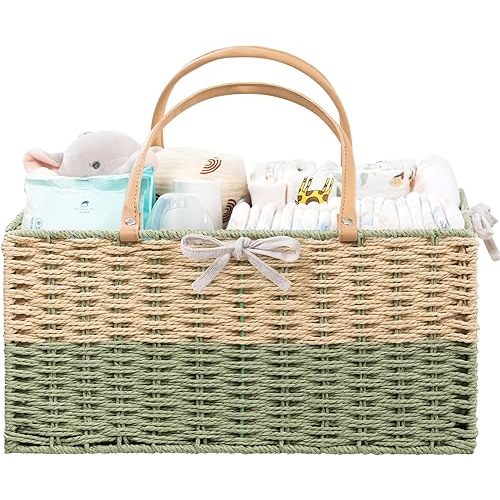 HBlife Large Baby Diaper Caddy Organizer, Paper Rope Storage Baskets Nursery Bin with Removable Divider, Portable Car Organizer for Diapers, Baby Shower Gifts, Newborn Essentials Must Haves