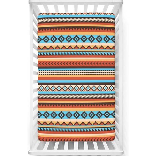 Aztec Themed Fitted Mini Crib Sheets,Portable Mini Crib Sheets Soft and Breathable Bed Sheets-Crib Mattress Sheet or Toddler Bed Sheet, 24“ x38“,Multicolor
