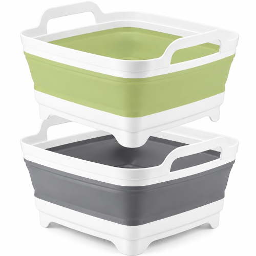 2 Pack, Collapsible Wash Basin with Drain Plug, 2.5 Gal Portable Sink for Baby Bottles, Dishes & Camping, Foldable Tub Station, Dish Basin Pan for Kitchen - Gray & Green