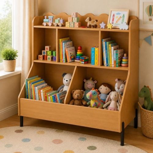Wooden Montessori Kids Toy Storage Bookshelf with 5 Cubes, Natural