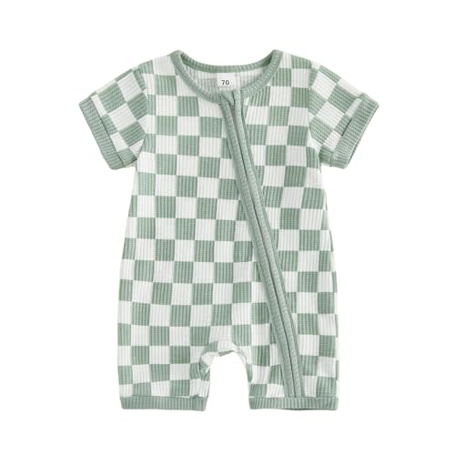 Karuedoo Newborn Infant Baby Boy Clothes Checkerboard Waffle Knit Zipper Short Sleeve Romper Jumpsuit One Piece Outfit