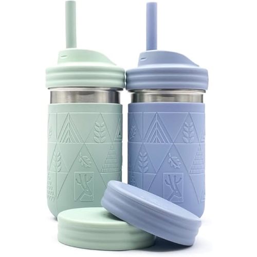 Elk and Friends Stainless Steel Cups |14 oz Mason Jar design | Kids & Toddler Cups with Silicone Sleeves & Straws with Stopper | Smoothie Cups | Dishwasher Safe
