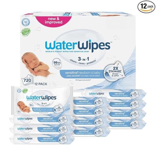 WaterWipes Sensitive+ Newborn & Baby Wipes, 3-In-1 Cleans, Cares, Protects, 99.9% Water, Unscented & Hypoallergenic, 720 Count (12 Packs)