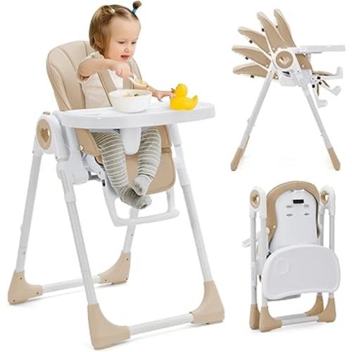 Foldable High Chair for Babies and Toddlers, Adjustable Baby Highchair with 5 Recline Positions, Removable Double Tray, Space-Saving Design Portable Feeding Chair with 5-Point Harness