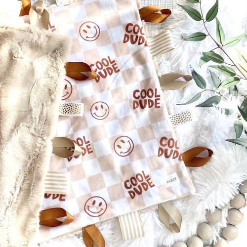 Lovey- Smiley Face Baby Lovie- Cool Dude Checkerboard Lovey- Tan Security Blanket- Cuddle Minky Lovey-Boy Gift- Sensory Ribbon Tag Embroider