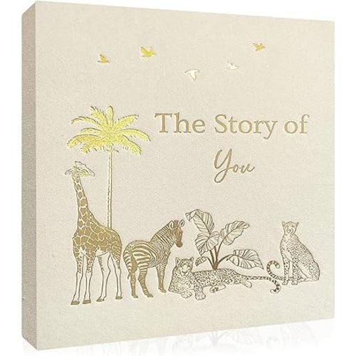Eviepops Prints Baby Memory Book, Luxury Keepsake Gift for Mom to be, Milestone Record & Photo Album Birth to Age 5, Gender Neutral for Boy or Girl, Linen Fabric Safari Journal Scrapbook, Baby Shower
