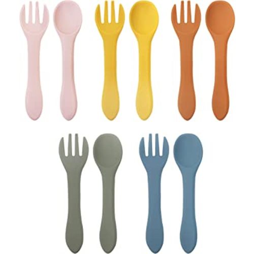 10 Pcs Silicone Baby Spoons and Forks, Chewable Utensils for Self-Feeding, Kids Utensils for Over 6 Months Babies