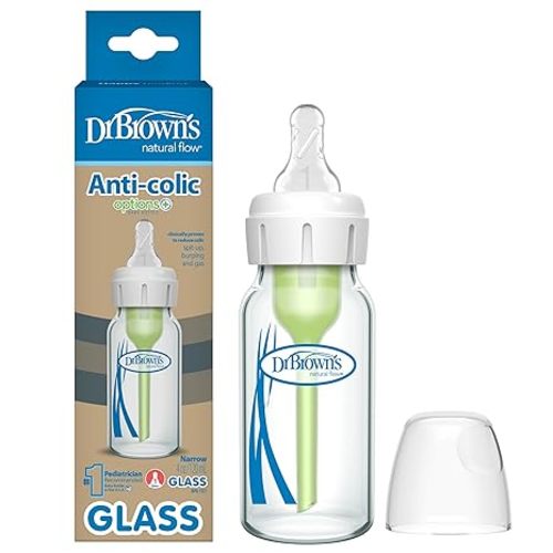 Dr. Brown's Anti-Colic Options+ Narrow Glass Baby Bottle with Level 1 Slow Flow Nipple, BPA-Free, 8 oz/250 mL, 0m+, 4-Pack (Packaging May Vary)