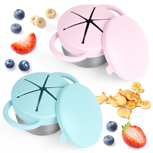Daximo 2 Pack Snack Cups for Toddlers Spill Proof - Detachable Stainless Steel Toddler Snack Cups with Silicone Lids & Handles - Dishwasher Safe Baby Snack Containers (Light blue and Light pink)