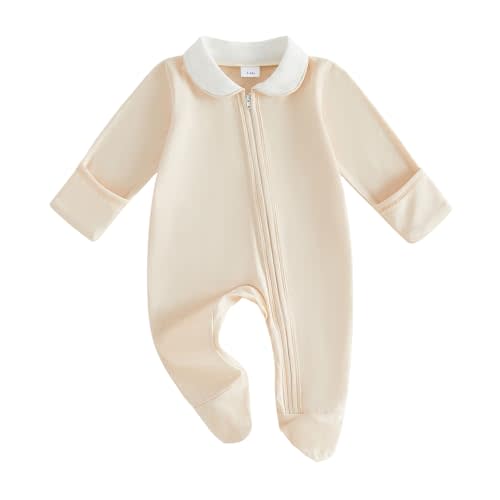 Newborn Baby Boy Girl Clothes Peter Pan Collar Zip Footed Footie Jumpsuit Romper Coming Home Hospital Fall Outfits