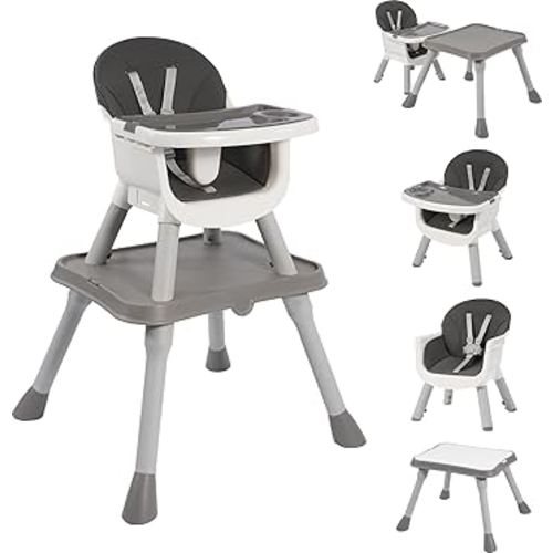Convertible Baby 6-in-1 High Chair, for Children 6-36 Months with Safety Harness, Removable Tray & PU Cushion, Gray