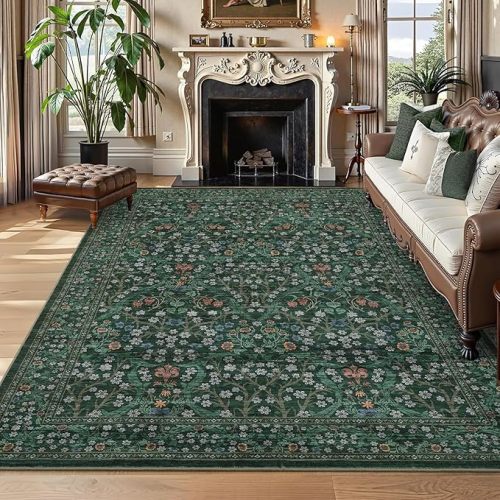 GarveeHome Dark Green Floral 8x10 Washable Area Rug Living Room Bedroom