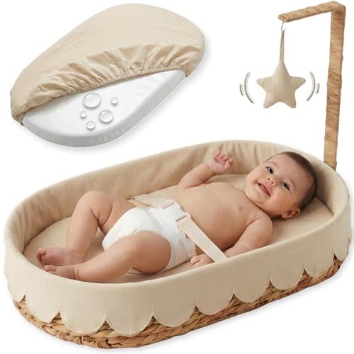 Premium Baby Changing Basket - Handwoven Wicker Moses Baskets for Newborn with Waterproof Changing pad & Linen Cover - Scalloped Changing Basket for Baby Dresser - Moses Basket Bassinet