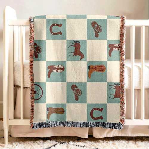 Cowboy Baby Blanket Boys Western Nursery Decoration Green Checker Blanket Personal Baby Shower Gift Newborn Keepsake Gift For Grandson