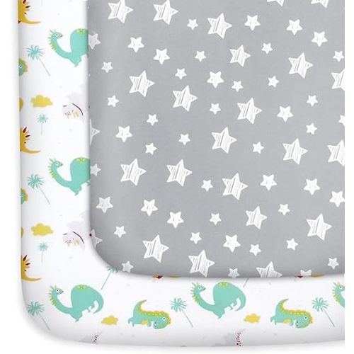 Pack and Play Sheets, 2 Pack Mini Crib Sheets, Stretchy Playard Fitted Sheet, Compatible with Graco Pack n Play, Soft and Breathable Material, Dinosaur and Grey Star