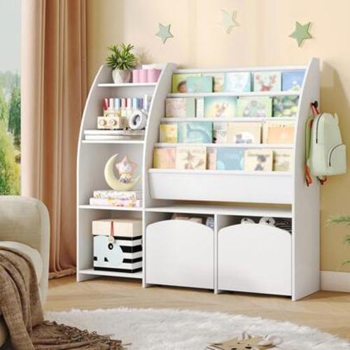HaluPeit Hzuaneri Toy Storage Organizer, 41" W Large Kids Bookshelf With 2 Movable Storage Bins, 4 Tier Front-Facing Book Display Organizer For Kids Playroom, Bedroom, Classroom, White KB12003W | SHEIN USA