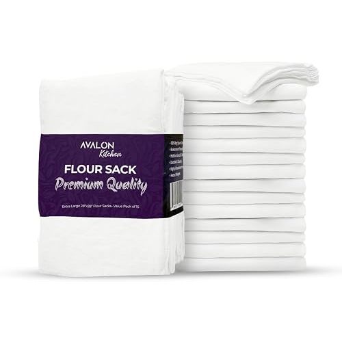 Avalon Kitchen Flour Sack Towels – 15 Pack, 28x28 Inch, 100% Cotton – Flour Sack Dish Towels for Drying Dishes, Baking, Bread Proofing, Crafting & Embroidery – Reusable White Kitchen Towel