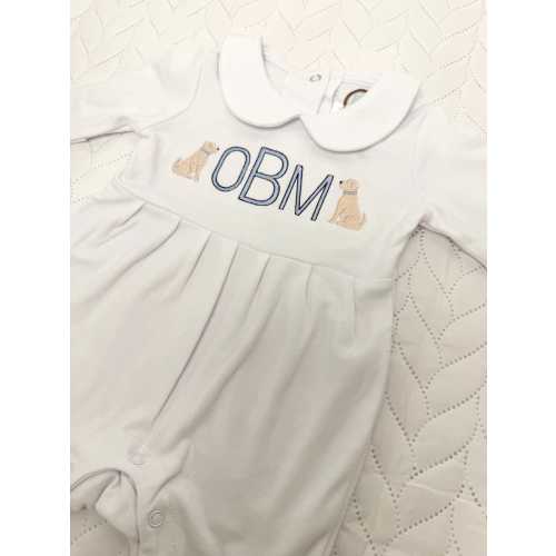 Baby Boy Monogram puppy dog Footie, Embroidered baby sleeper, Labrador retriever