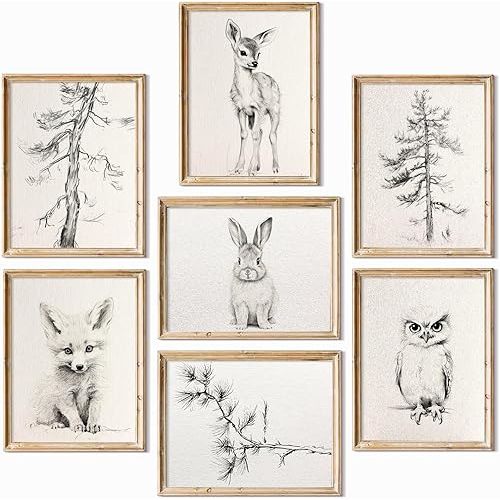Vintage Nursery Wall Art Woodland Animal Canvas Decor Baby Room Wall Art Forest Animal Pictures Kids Tree Prints Posters Nature Deer Fox Painting Nursery Artwork for Bedroom 8x10x7 Inch Unframed