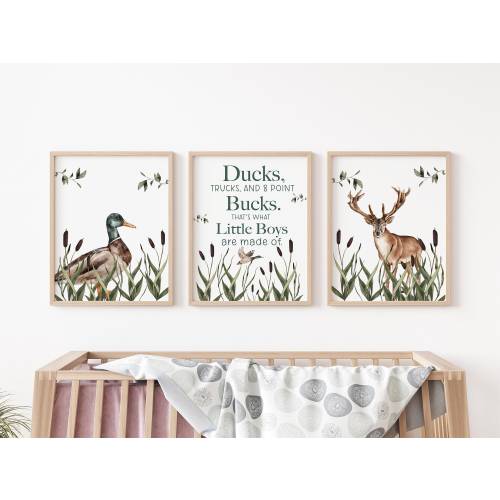 Hunting Nursery Wall Art Poster, Hunting Nursery Decor, Mountain Posters, Set of 3 Mailed Posters, Mallard Duck and Bucks, B33, W48