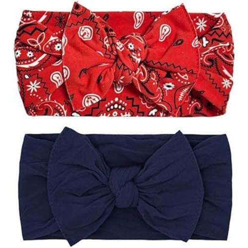 Baby Bling Bows - Newborn to Little Baby Girl Bows, 2PK PRINT SOLID KNOTS Nylon Super Soft Stretchy Toddler Headbands, Perfect Hair Accessories Head Bands for Infant Kids (Red Bandana & Navy)