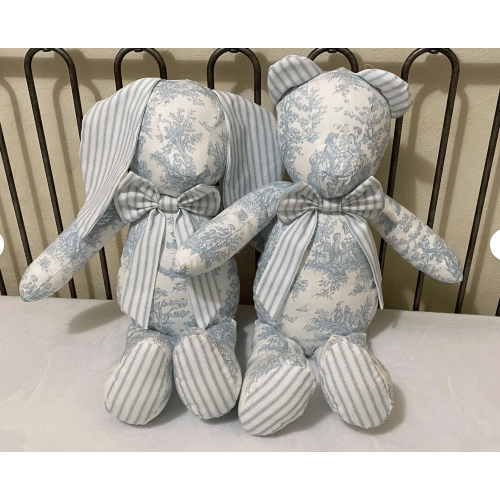 Toile and Stripes Teddy Bear or Bunny, Stuffed Animal Bear, Stuffed Toy, Personalized Stuffed Animal, Monogrammed Bear