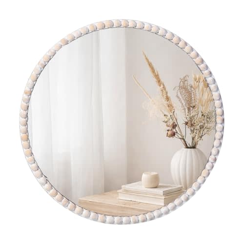 15inch Small Round Boho Beaded Mirrors for Wall Decor, Cute Decorative Hanging Wooden Circle Nursery Mirror for Girl Room, Bedroom, Livingroom