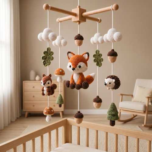 Woodland Crochet Baby Mobile, Fox Crib Mobile, Handmade Nursery Decor, Neutral Forest Animal Mobile, Baby Shower Gift