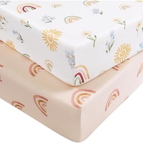 Baby Crib Sheets for Boys and Girls, Fitted Crib Sheets 52" x 28", Soft Breathable Microfiber Sheets for Standard Crib and Toddler Mattress, 2-Pack Orange Rainbow