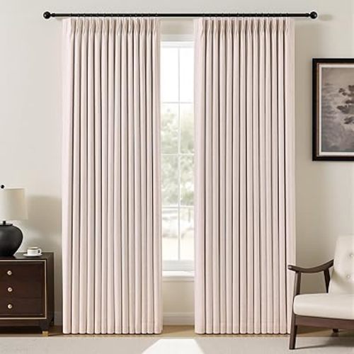 YZ HOME Pinch Pleated Linen Curtains 100% Blackout 84 Inches Long for Living Room Bedroom, Memory Thermal Insulated Room Darkening Window Drapes with Rings Hooks, 2 Panels, Pink, 40" Wx84 L
