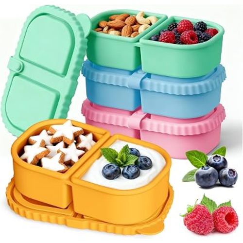 YQL 4 Pack Silicone Snack Containers with Leakproof Lids, Double-Compartment Bento Boxes for Kids & Adults, Reusable Food Storage for Snacks, Sauces, Lunch, Travel, and Meal Prep
