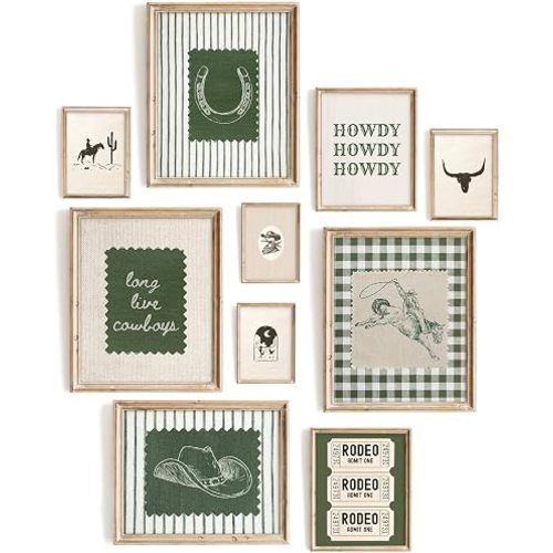 Vodefoad Western Prints, Boys Room Wall Art Canvas Print Set of 10, Vintage Cowboy Gallery Wall Set, Green Gingham Stripe Nursery Poster Decor Retro Rodeo Aesthetic- Unframed