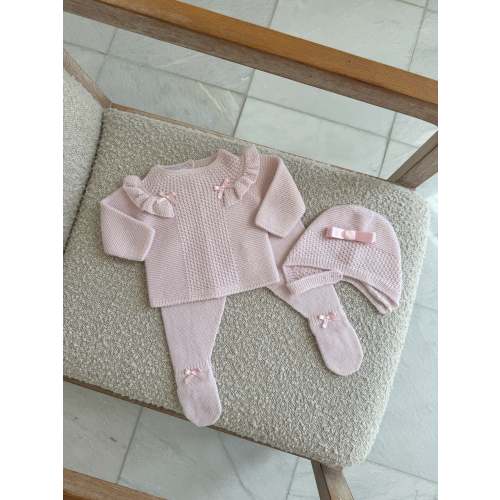 Beautiful Knitted Baby pink 3 piece set with frill details.