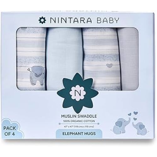 Nintara Baby Extra-Large Swaddle - 100% Organic Premium Muslin Cotton, 47" x 47", Ultra-Soft, Breathable & Lightweight, Multipurpose, Unisex, Hypoallergenic, Gifts for Newborn Babies, Pack of 4