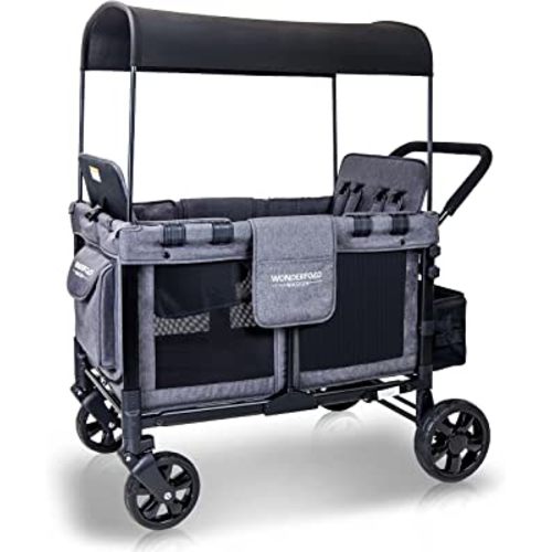 WONDERFOLD W4 Original Quad Stroller Wagon Featuring 4 High Face-to-Face Seats with 5-Point Harnesses, Easy Access Front Zipper Door, and Removable UV-Protection Canopy, Gray