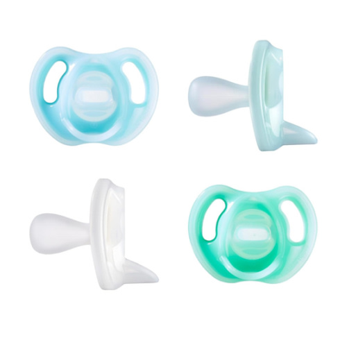 Tommee Tippee Ultra-Light Silicone Pacifier, 0-6 Months, Symmetrical One-Piece Design, BPA-Free Silicone Binkies, Blue/Green/Clear, Pack of 4