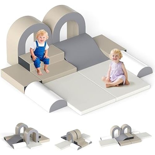 Olakids Toddler Climbing Toys Indoor, 10 Pieces Baby Foam Blocks Soft Play Set with PU Leather, Kids Climb Crawling Activity Gym Playground for 1+ Years (Gray)