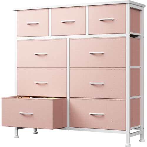 DUMOS 9 Drawer Dresser for Bedroom, Storage Organizer Chest of Drawers | Fabric Bins Storage Tower with Sturdy Metal Frame, Wood Tabletop for Closet, Pink