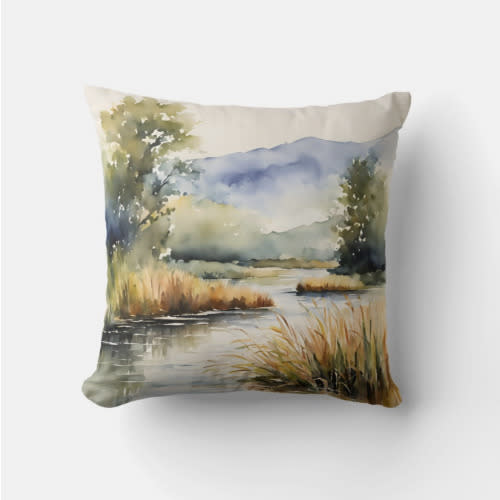 Creek Reeds Waterscape Mountains Throw Pillow | Throw Pillow 16" x 16" – Cotton