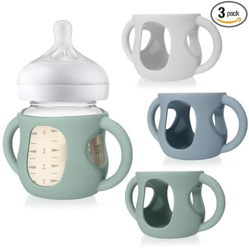 Juome Silicone Sleeves with Handles for Avent Natural Glass Baby Bottle - 3 Pack Anti Breakage Baby Bottles Holder, Compatible with Philips Avent Anti Colic Baby Bottles 4 oz